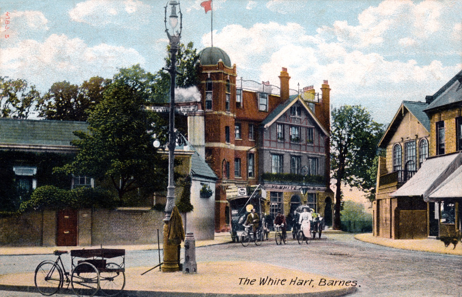 Barnes Terrace,street-townscape,hotels and inns White Hart,lady cyclist